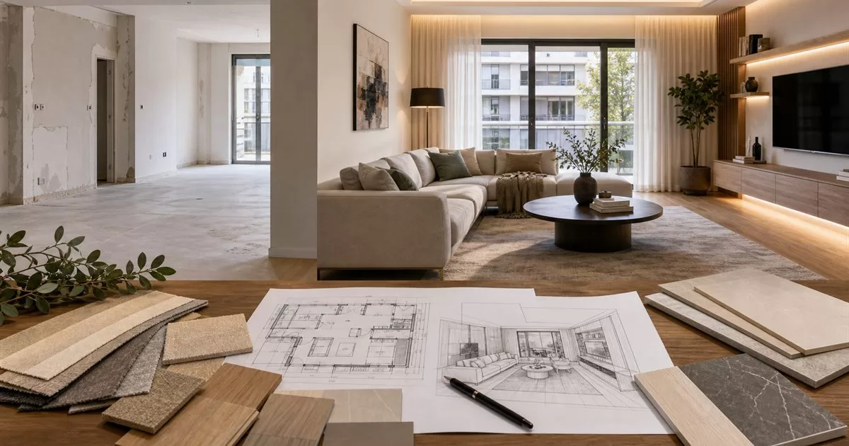 Reforma de vivienda antes y despues con salon moderno planos de interiorismo y muestras de materiales