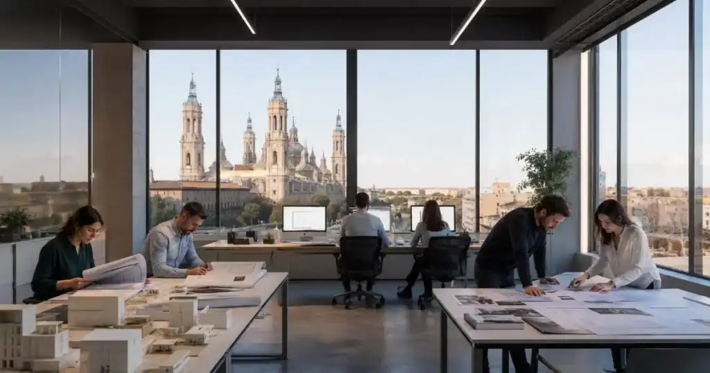 despacho profesional de arquitectura e ingenieria con arquitectos trabajando sobre planos y maquetas