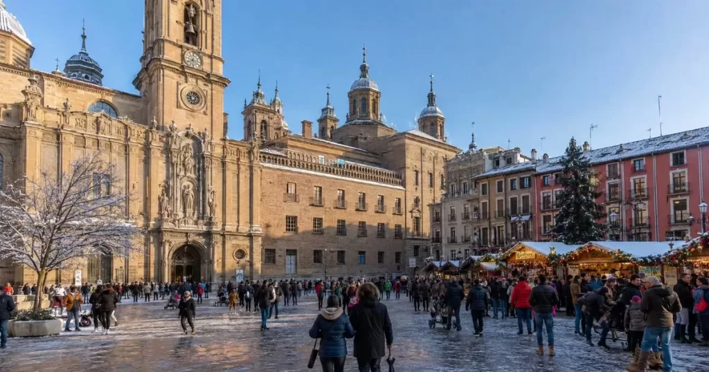 Casco historico de Zaragoza con la catedral de La Seo en ambiente festivo