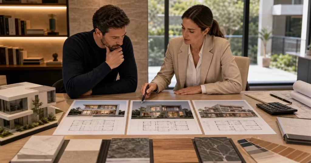 Cliente comparando propuestas de arquitectura con planos maqueta calculadora y materiales para elegir arquitecto