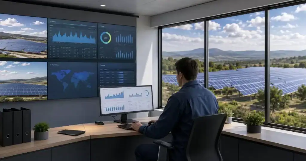 Tecnico monitorizando parque fotovoltaico digital con software de control en la nube