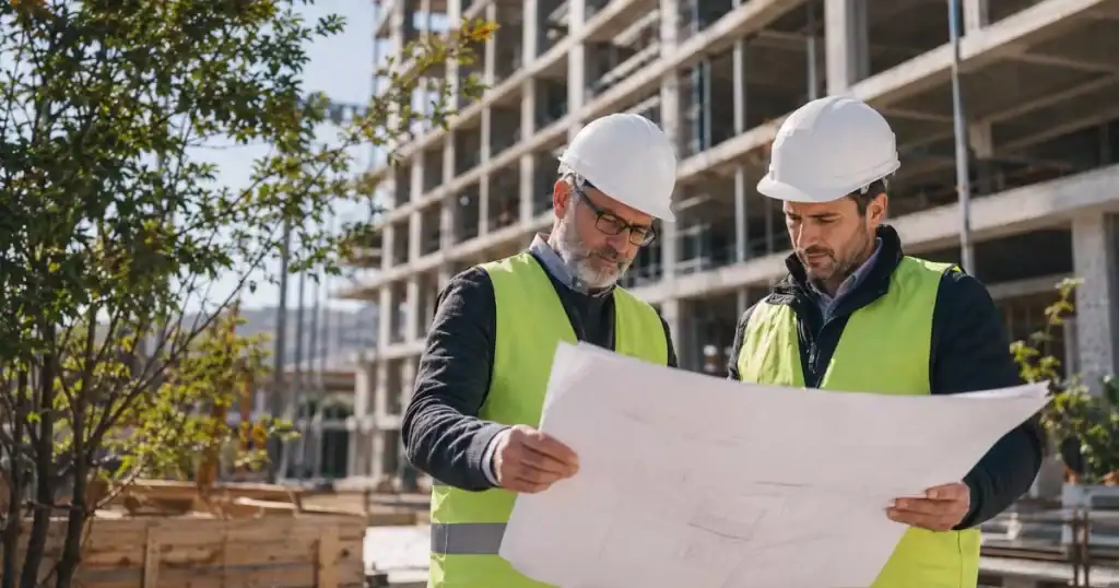 Director de obra revisando planos en edificacion sostenible con casco y documentacion tecnica