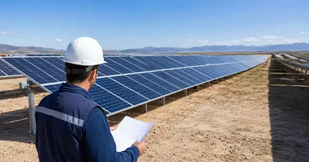 Tecnico supervisando la direccion de obra en un parque fotovoltaico