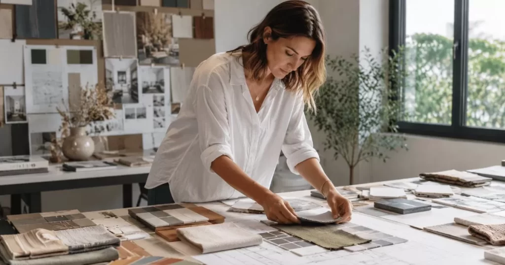 Disenadora de interiores seleccionando muestras de materiales y telas en su estudio