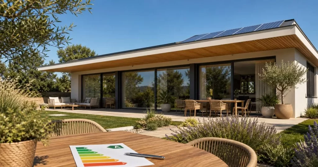 Vivienda bioclimatica orientada al sur con paneles solares y certificado energetico A, como disenar una casa eficiente energeticamente