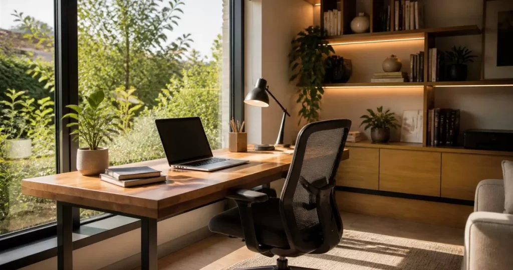 Despacho en casa con escritorio de madera junto a ventanal y luz natural, como disenar espacios de trabajo en casa eficientes y comodos