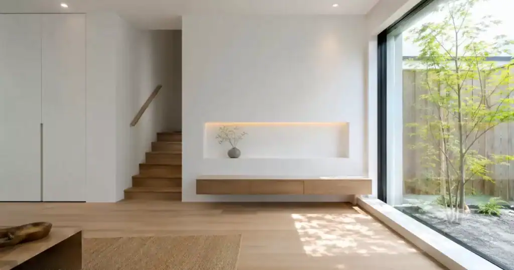 Interior minimalista de lineas puras con almacenaje oculto y gran ventanal, diseno arquitectonico minimalista funcional
