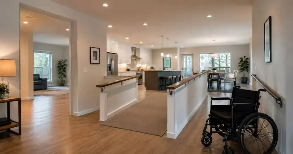 Vivienda accesible con rampa interior y puertas anchas, diseno arquitectonico para la movilidad de toda la familia