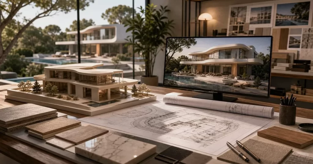 Diseño de casa de lujo reinventado con maqueta de vivienda moderna planos render y materiales nobles