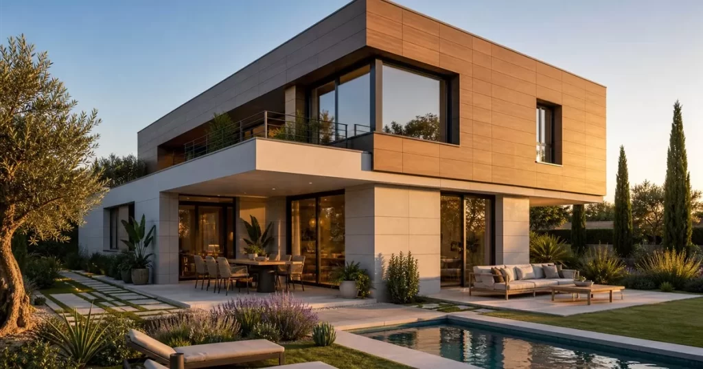 Casa moderna con fachada ventilada de paneles composite madera y gris, diseno de casas con fachada ventilada