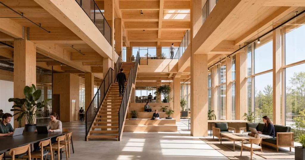 Interior de edificio con estructura de madera laminada CLT vista, diseno y construccion de edificios con estructura de madera