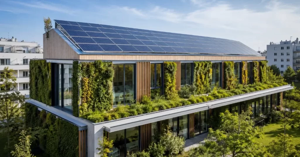 edificio moderno de bajo consumo energetico con paneles solares y fachada verde sostenible