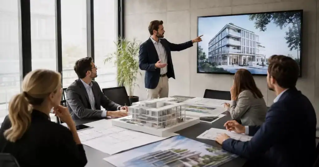 Arquitecto presentando diseno y ejecucion de proyecto innovador a clientes con planos y maqueta