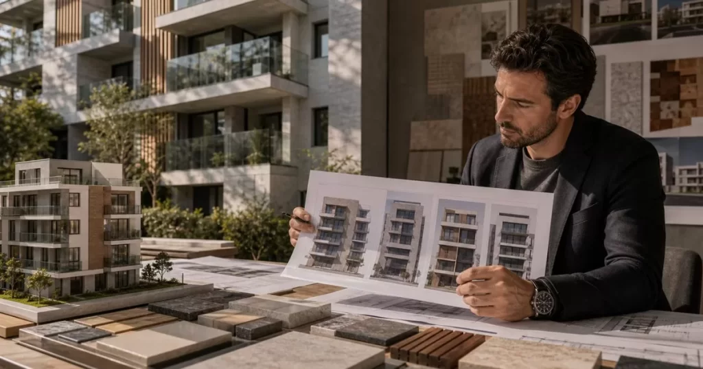 Arquitecto revisando propuestas de diseño de fachadas con maqueta materiales y edificio residencial contemporaneo
