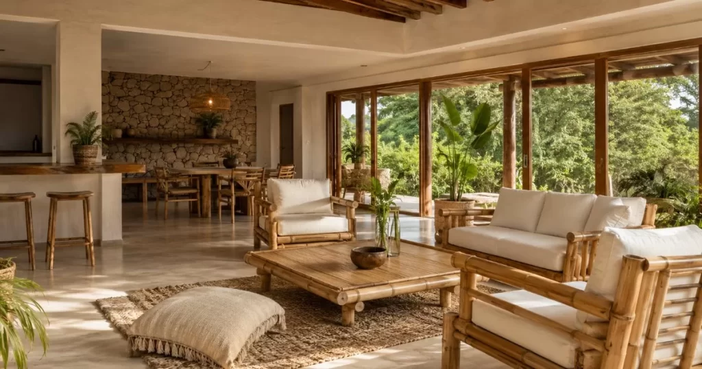 interior ecologico con materiales naturales madera plantas y luz natural diseno sostenible