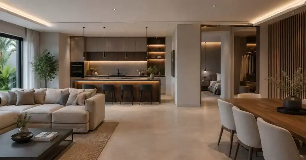 diseno de interiores vivienda nueva con salon sofa de diseno cocina abierta e iluminacion indirecta