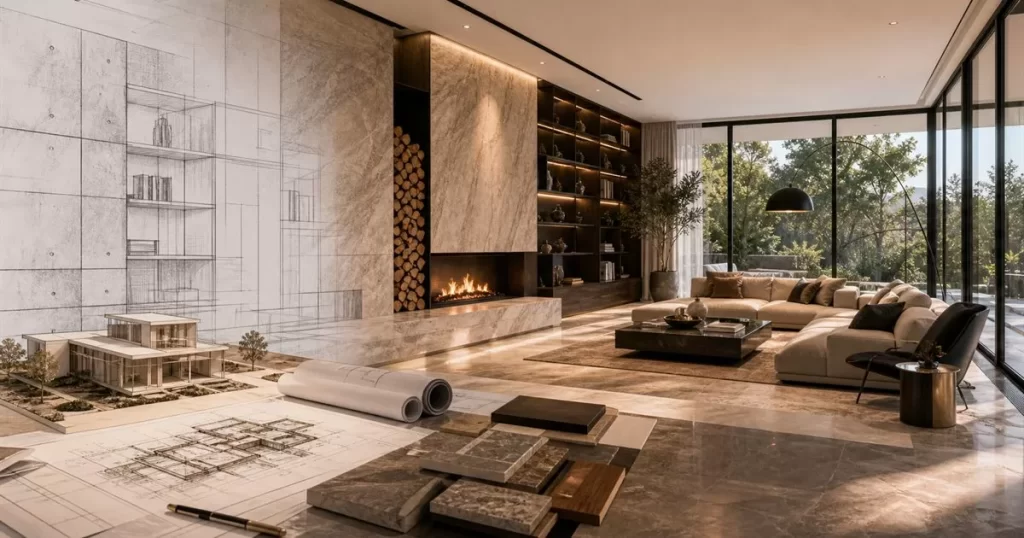 Salon de lujo transformado con planos de arquitectura maqueta y materiales premium para vivienda exclusiva