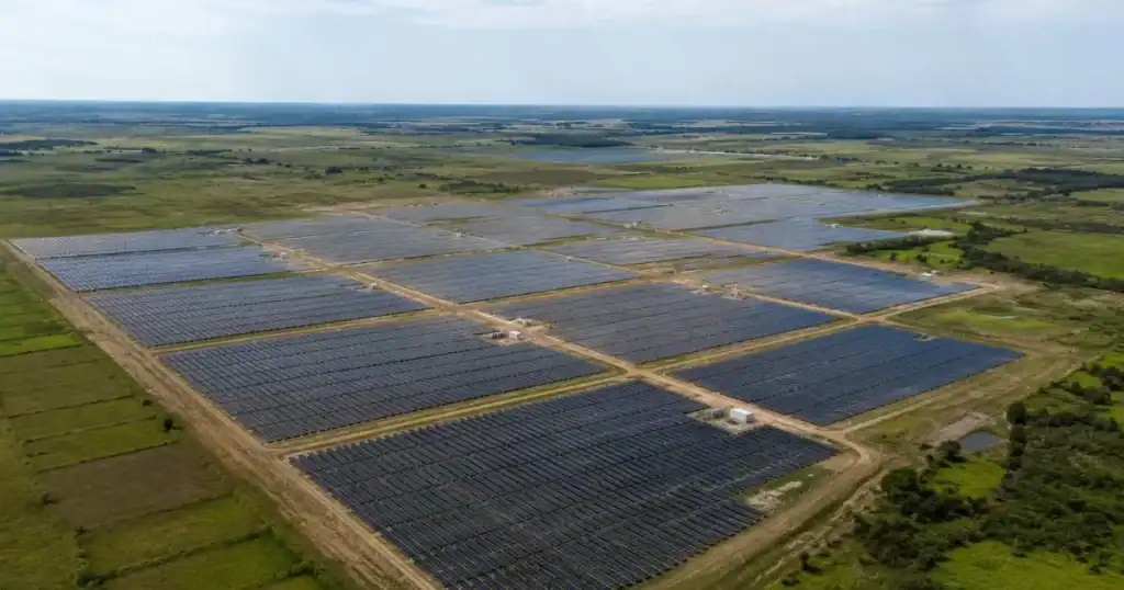 Parque fotovoltaico modular con secciones de paneles solares escalables en vista aerea