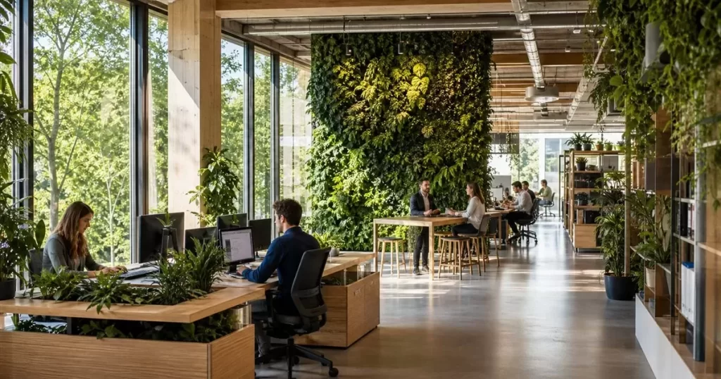 Oficina sostenible con muro vegetal y mobiliario de madera natural, diseno de oficinas sostenibles