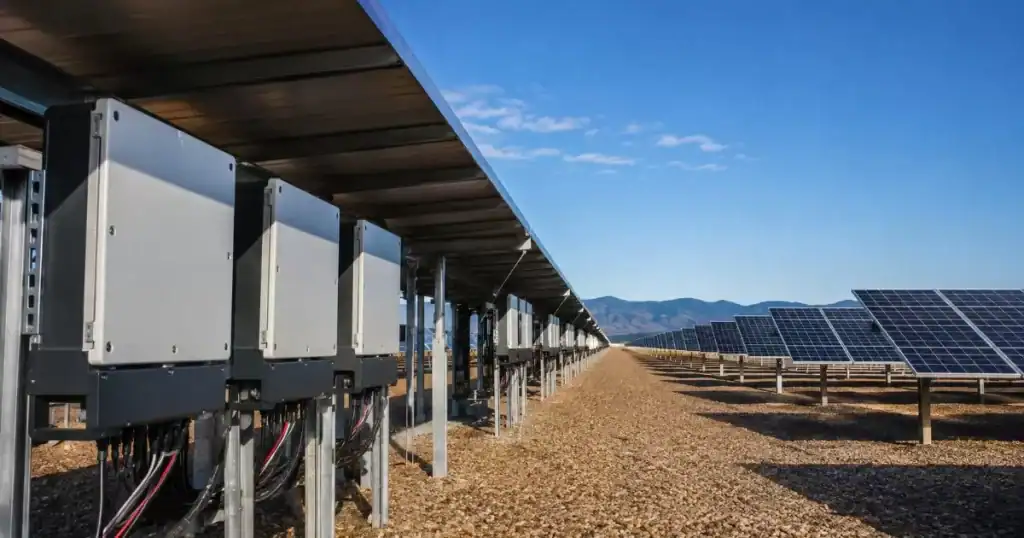 Detalle tecnico de componentes de parque fotovoltaico inversores estructura de soporte y paneles solares