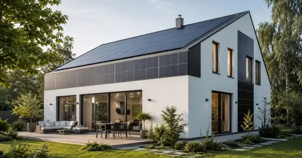 vivienda moderna con placas solares integradas en fachada y diseno arquitectonico sostenible