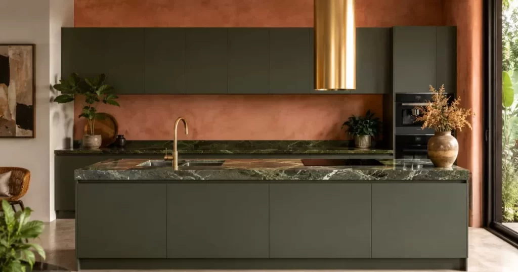 Cocina moderna con muebles altos verde salvia oscura, encimera de mármol verde Guatemala, grifería dorada, campana cilíndrica dorada y pared terracota — diseño sofisticado