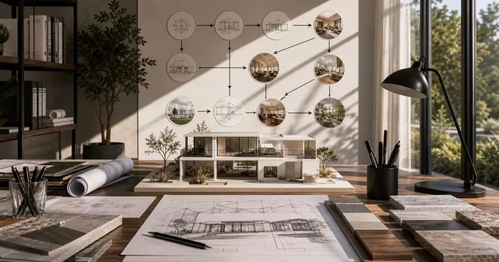 Maqueta de vivienda moderna con planos arquitectonicos y diagramas visuales de causa y efecto en el diseño