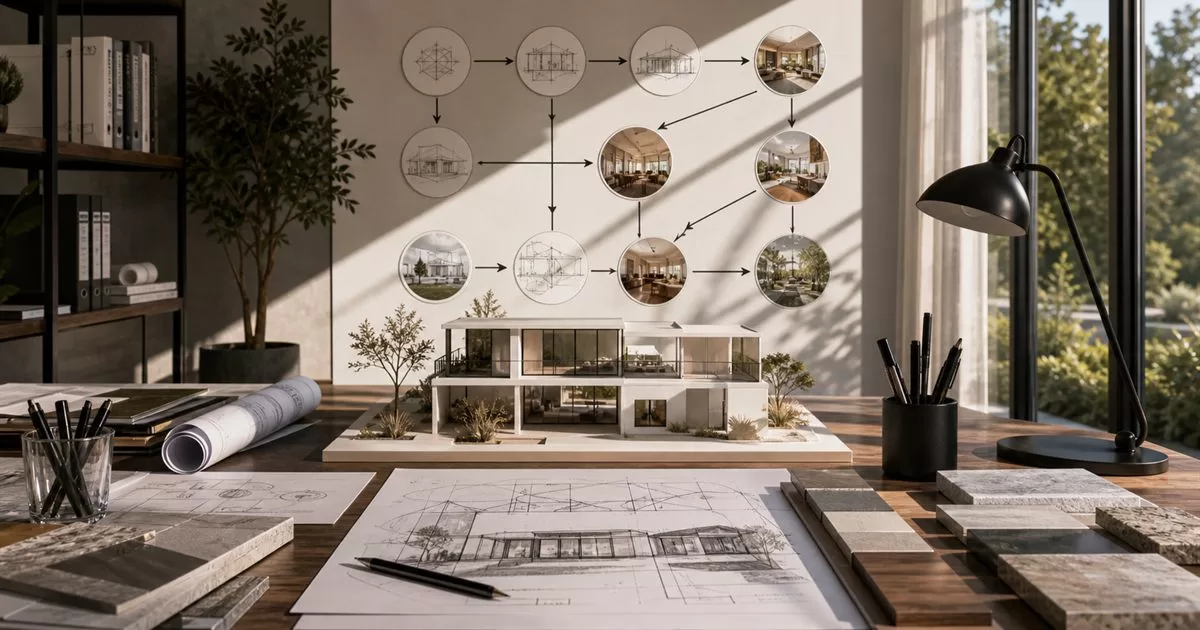 Maqueta de vivienda moderna con planos arquitectonicos y diagramas visuales de causa y efecto en el diseño