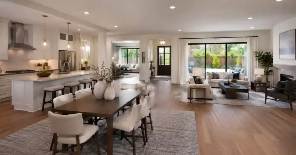 vivienda moderna con planta abierta y distribucion funcional de espacios salon comedor cocina