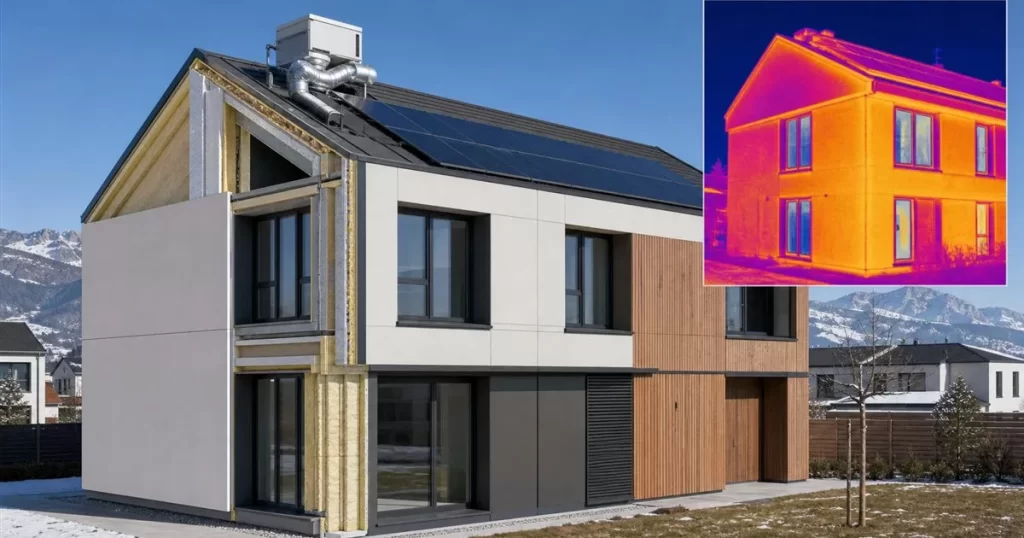Edificio nZEB con aislamiento de alta eficiencia, triple acristalamiento y paneles solares, edificios de consumo energetico casi nulo