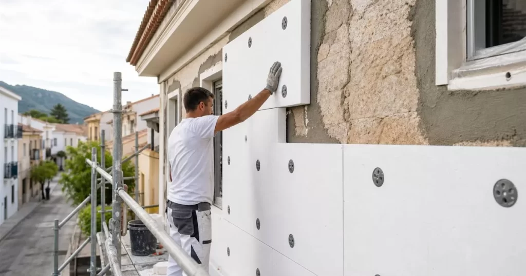Operario instalando aislamiento termico SATE en fachada, eficiencia energetica en reformas y construccion