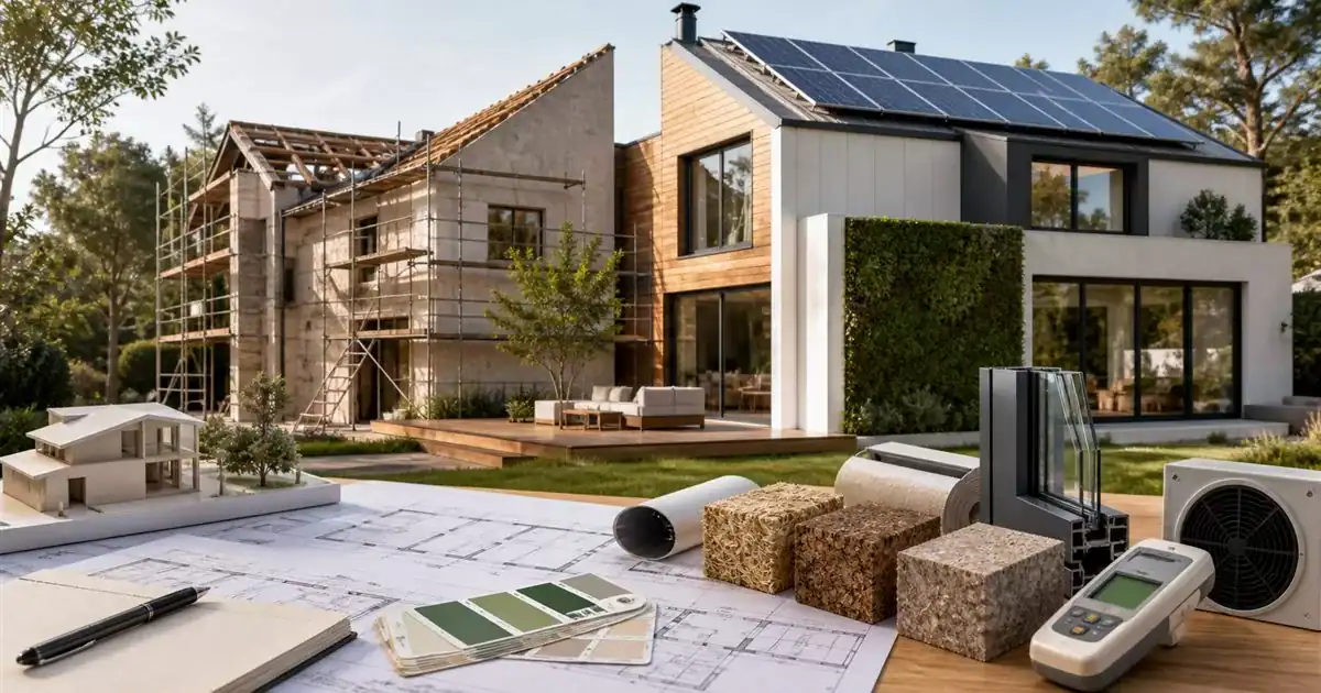 Vivienda sostenible con aislamiento ventanas eficientes paneles solares y materiales ecologicos