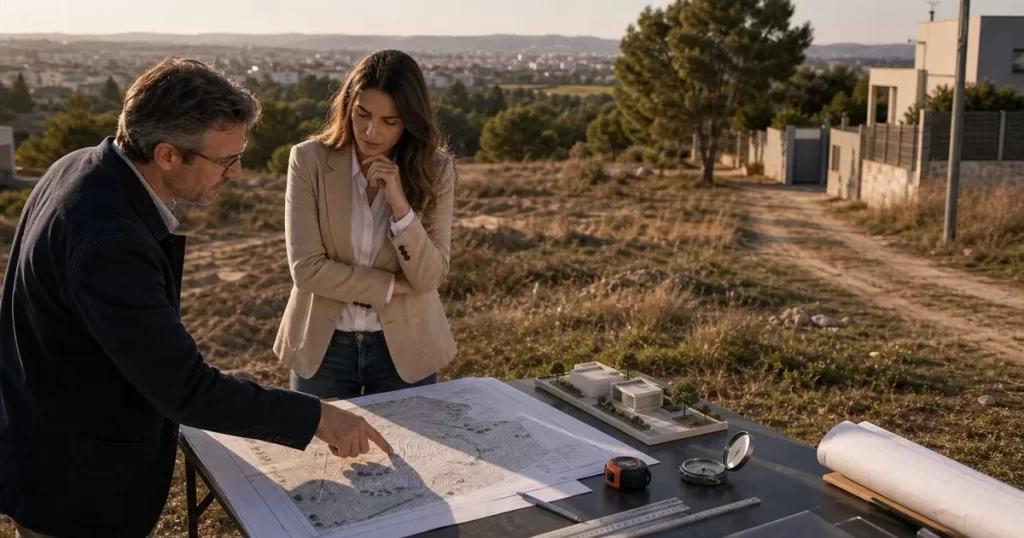 Arquitecto y cliente revisando parcela para construir vivienda con plano topografico maqueta y herramientas de medicion