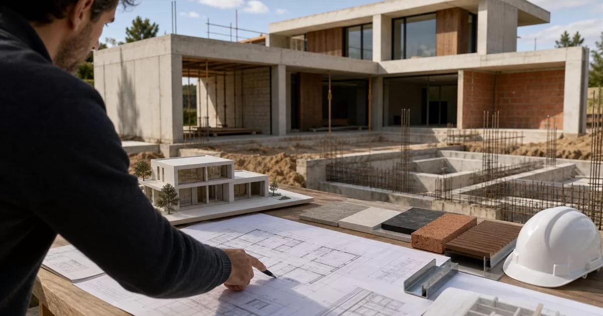 Arquitecto revisando planos maqueta y materiales de una vivienda unifamiliar en construccion