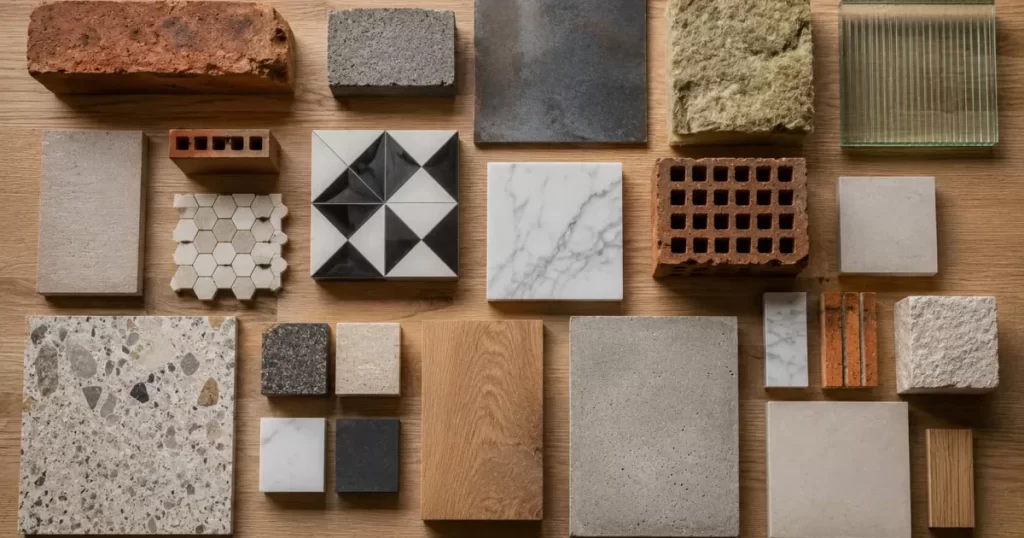 Mood board cenital de muestras de materiales de construcción: mármol, ladrillo, baldosa hidráulica, terrazo, hormigón, microcemento, mosaico hexagonal y vidrio templado