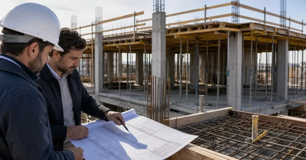 Obra de estructura de hormigon armado con encofrado ferralla y profesionales revisando planos estructurales