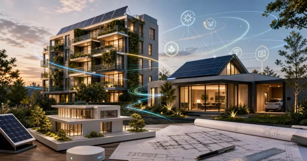 Edificio y vivienda sostenible con paneles solares sistemas inteligentes planos y energia electromagnetica abstracta