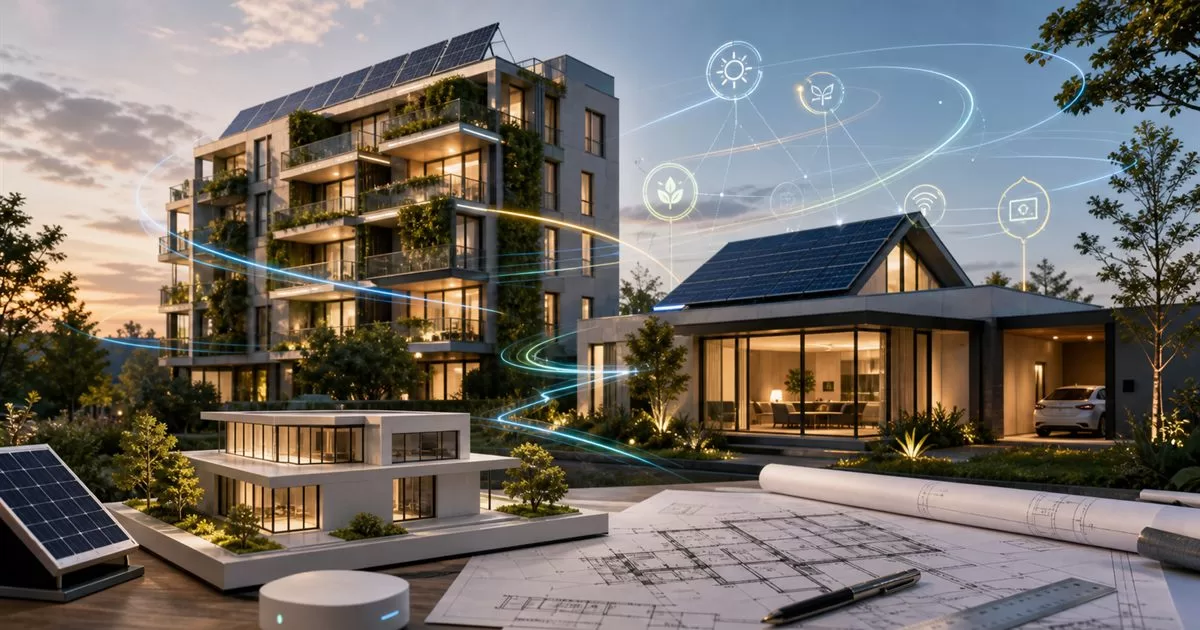 Edificio y vivienda sostenible con paneles solares sistemas inteligentes planos y energia electromagnetica abstracta