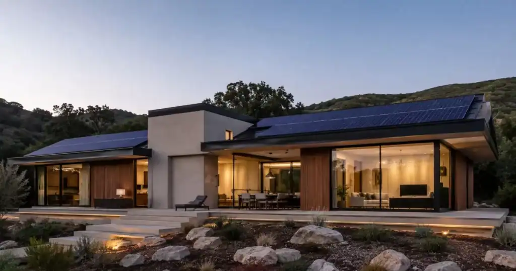 Casa moderna contemporanea con paneles solares integrados en la cubierta y diseño eficiente