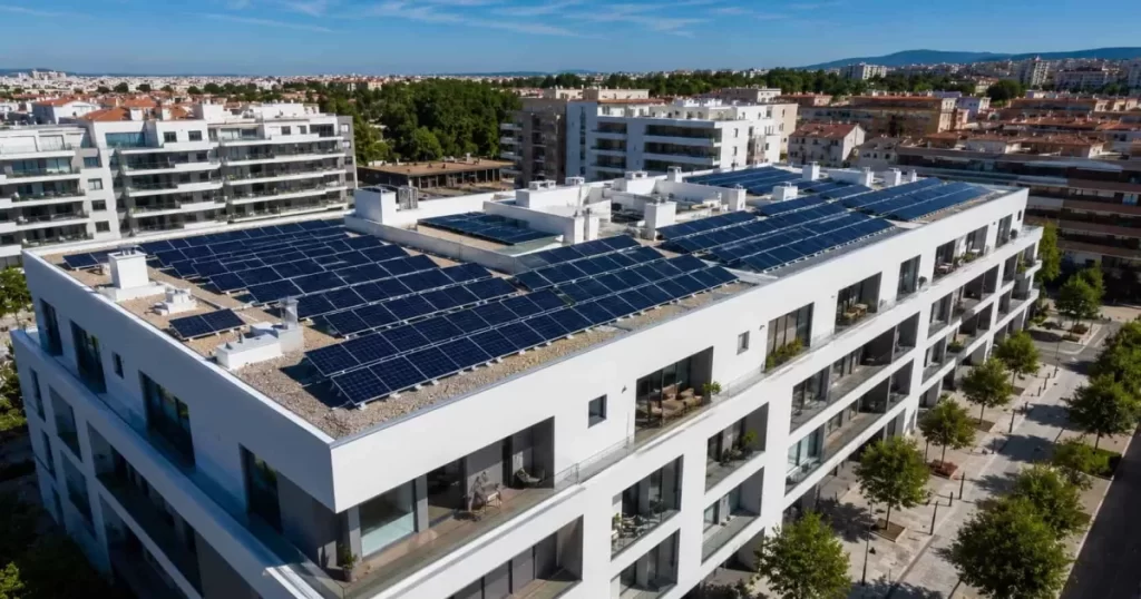 Vista aérea con dron de edificio residencial comunitario español con cubierta plana cubierta de paneles solares fotovoltaicos negros monocristalinos