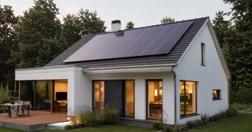 Vivienda reformada con paneles solares nuevos en tejado modernizacion sostenible del hogar