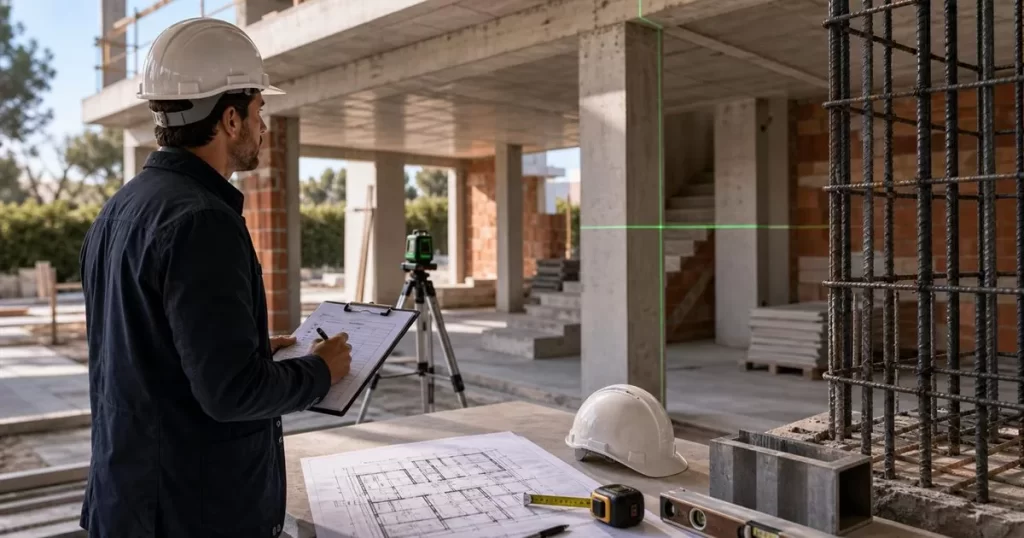 Arquitecto inspeccionando obra residencial con planos nivel laser y control de calidad para evitar errores de construccion