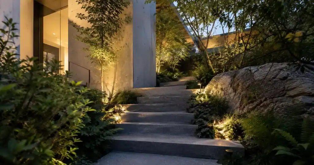 Escalera exterior moderna de diseno arquitectonico integrada en jardin con vegetacion