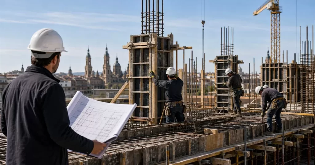 Obra en Zaragoza con encofradores montando estructura de hormigon y arquitecto revisando planos estructurales