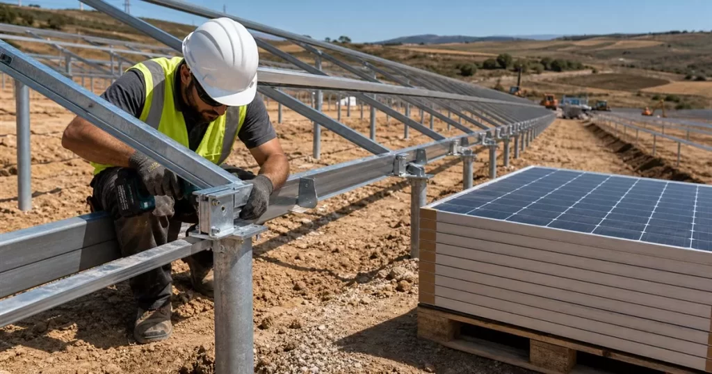 Operario montando estructuras de acero galvanizado para paneles solares, estructuras de montaje para parques fotovoltaicos