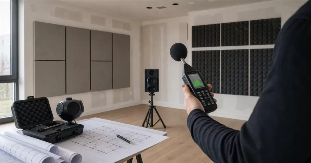 Estudio acustico en Zaragoza con sonometro paneles acusticos altavoz de ensayo y planos de arquitectura