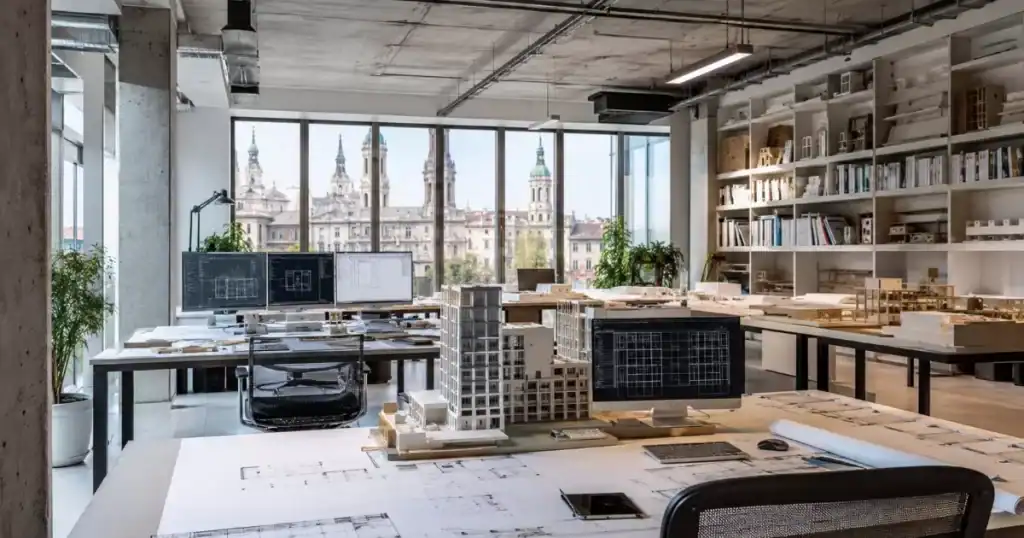Despacho de estudio de arquitectura profesional moderno en Zaragoza con planos maquetas y pantallas CAD