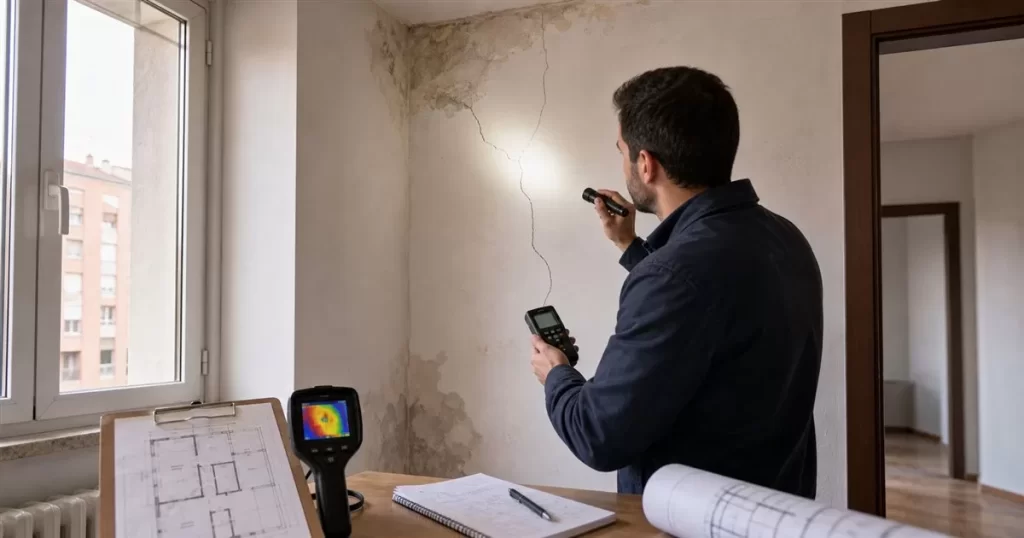 Estudio de patologia constructiva con arquitecto inspeccionando grietas humedades y danos en vivienda