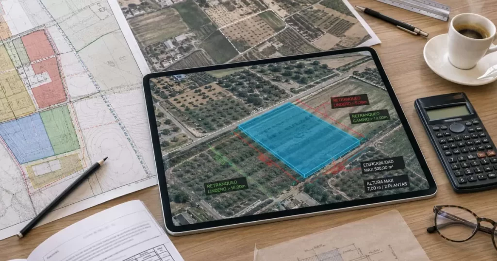 Tablet sobre mesa de despacho mostrando vista catastral aérea 3D de parcela en Zaragoza con polígono catastral resaltado y anotaciones de retranqueos, mapa PGOU coloreado y café