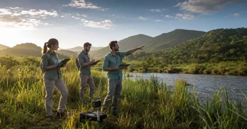 Consultores analizando impacto ambiental y social en paisaje natural sostenible